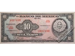 Банкнота Мексика 10 (десять) песо 1965 год. Серия BAW. Pick 58k2. UNC
