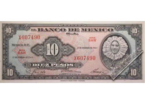 Банкнота Мексика 10 (десять) песо 1965 год. Серия BAW. Pick 58k2. UNC