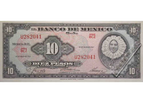 Банкнота Мексика 10 (десять) песо 1967 год. Серия BCZ. Pick 58L1. UNC