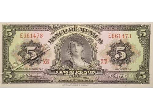 Банкнота Мексика 5 (пять) песо 1963 год. Серия AIS. Pick 60h. UNC