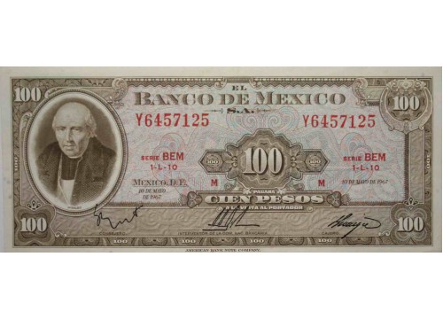 Банкнота Мексика 100 (сто) песо 1967 год. Серия BEM. Pick 61d. UNC