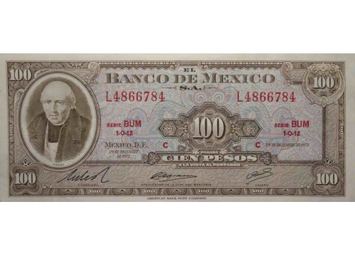 Банкнота Мексика 100 (сто) песо 1972 год. Pick 61h. UNC