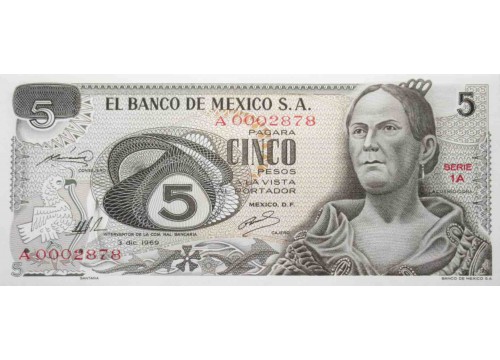 Банкнота Мексика 5 (пять) песо 1969 год. Pick 62a1. UNC