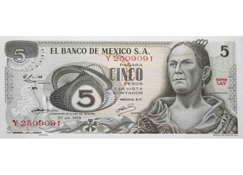 Банкнота Мексика 5 (пять) песо 1972 год. Pick 62c2. UNC