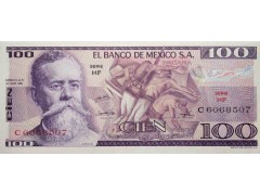 Банкнота Мексика 100 (сто) песо 1974 год. Pick 66a3. Серия HF. UNC