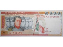 Банкнота Мексика 5000 (пять тысяч) песо 1980 год. Pick 71. Серия A. UNC