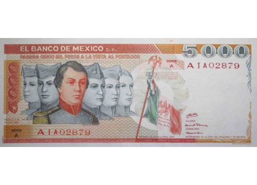 Банкнота Мексика 5000 (пять тысяч) песо 1980 год. Pick 71. Серия A. UNC
