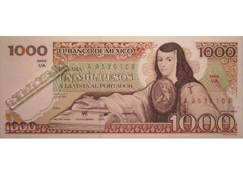 Банкнота Мексика 1000 (тысяча) песо 1983 год. Серия UA. Pick 80a. UNC