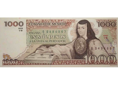 Банкнота Мексика 1000 (тысяча) песо 1984 год. Pick 80b. Серия VB. UNC