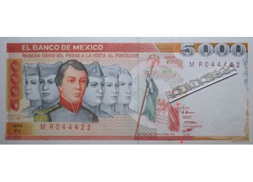 Банкнота Мексика 5000 (пять тысяч) песо 1987 год. Pick 87a. UNC