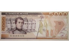 Банкнота Мексика 5000 (пять тысяч) песо 1987 год. Pick 88b. Серия HK. UNC