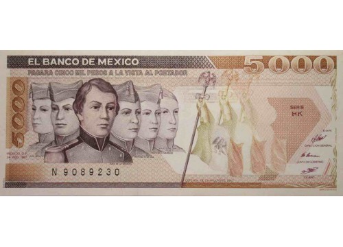 Банкнота Мексика 5000 (пять тысяч) песо 1987 год. Pick 88b. Серия HK. UNC