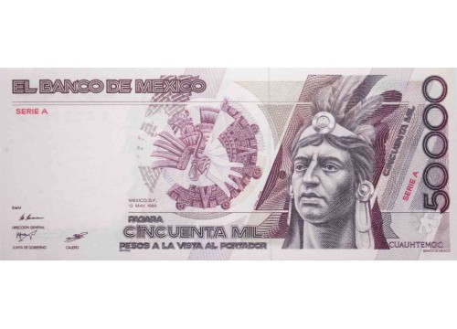 Банкнота Мексика 50000 (пятьдесят тысяч) песо 1986 год. Pick 93a. Серия A. UNC