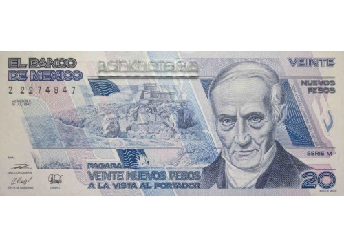 Банкнота Мексика 20 (двадцать) новых песо 1992 год. Pick 96.1. Серия M. UNC