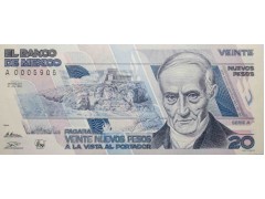Банкнота Мексика 20 (двадцать) новых песо 1992 год. Pick 96.2. Серия A. UNC