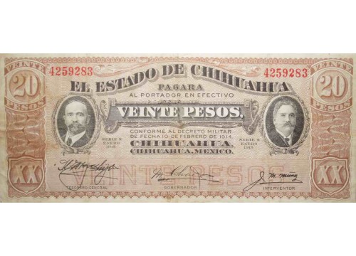 Банкнота Мексика 20 (двадцать) песо 1915 год. Pick S537b. VF