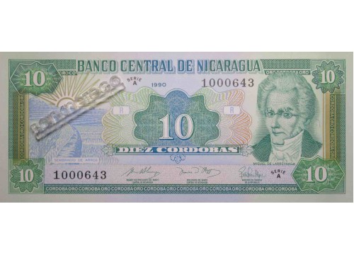 Банкнота Никарагуа 10 (десять) кордоба 1990 год. Pick 175.1. UNC