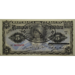 Банкнота Парагвай 5 (пять) песо 1907 год. Pick 127.2. UNC