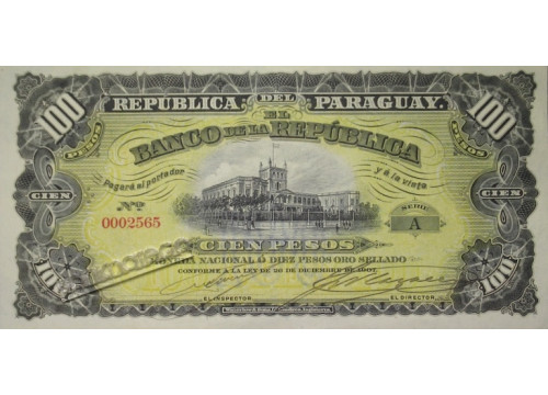 Банкнота Парагвай 100 (сто) песо 1907 год. Pick 159.5. UNC