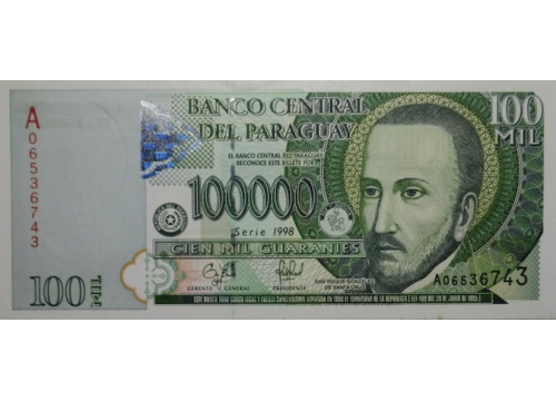 Банкнота Парагвай 100000 (сто тысяч) гуарани 1998 год. Pick 219. UNC