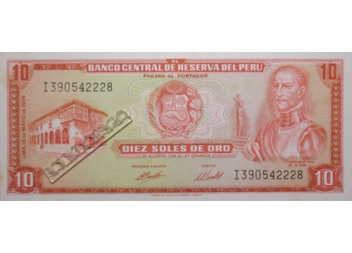 Банкнота Перу 10 (десять) соль 1974 год. Pick 100c3. UNC