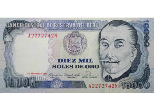 Банкнота Перу 10000 (десять тысяч) соль 1981 год. Pick 124. UNC
