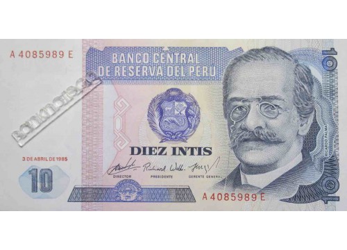 Банкнота Перу 10 (десять) инти 1985 год. Pick 128.1. UNC