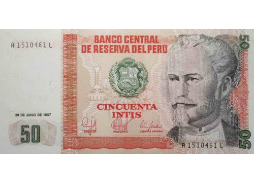 Банкнота Перу 50 (пятьдесят) инти 1987 год. Pick 131b. UNC