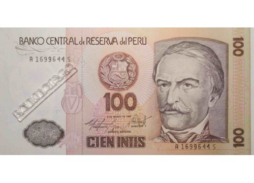 Банкнота Перу 100 (сто) инти 1986 год. Pick 132b. UNC