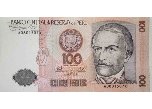 Банкнота Перу 100 (сто) инти 1987 год. Pick 133. UNC