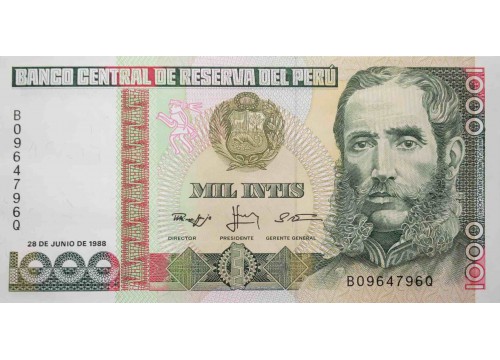 Банкнота Перу 1000 (тысяча) инти 1988 год. Pick 136b. UNC