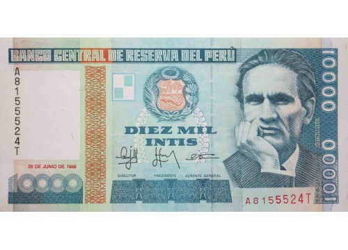 Банкнота Перу 10000 (десять тысяч) инти 1988 год. Pick 140. UNC