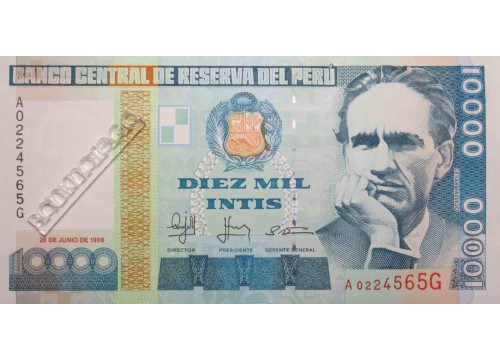 Банкнота Перу 10000 (десять тысяч) инти 1988 год. Pick 141. UNC