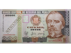 Банкнота Перу 100000 (сто тысяч) инти 1988 год. Pick 144. UNC