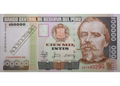 Банкнота Перу 100000 (сто тысяч) инти 1988 год. Pick 144. UNC