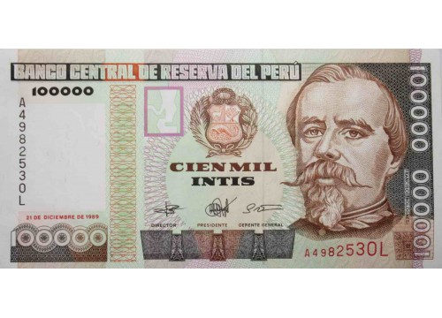 Банкнота Перу 100000 (сто тысяч) инти 1989 год. Pick 145. UNC