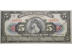 Банкнота Перу 5 (пять) соль 1941 год. Pick 66Ad1. UNC