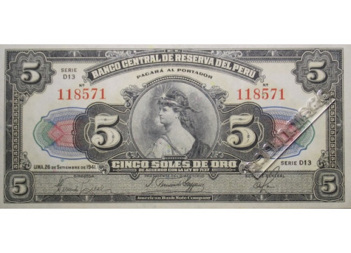 Банкнота Перу 5 (пять) соль 1941 год. Pick 66Ad1. UNC