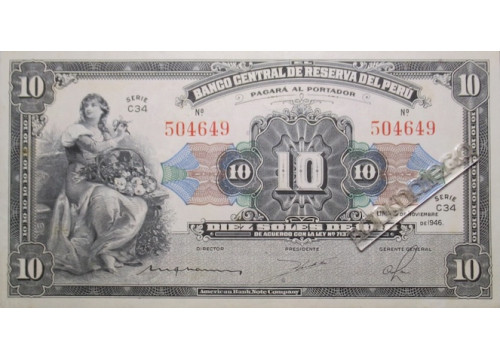 Банкнота Перу 10 (десять) соль 1947 год. Pick 67Aa. VF