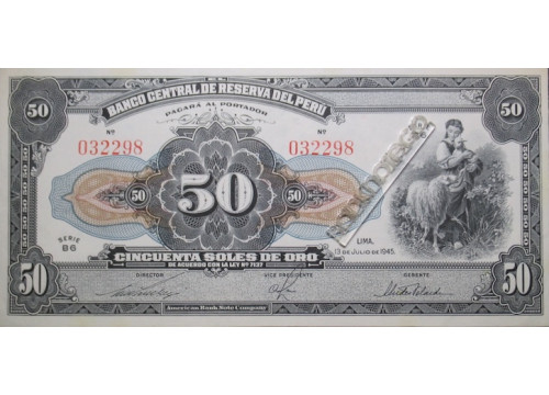 Банкнота Перу 50 (пятьдесят) соль 1945 год. Pick 68Aa. VF