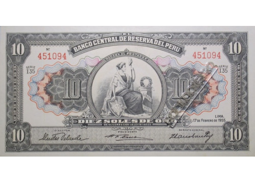 Банкнота Перу 10 (десять) соль 1955 год. Pick 71a3. UNC