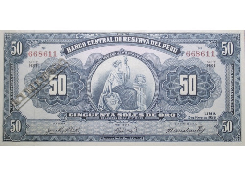 Банкнота Перу 50 (пятьдесят) соль 1959 год. Pick 78a. UNC
