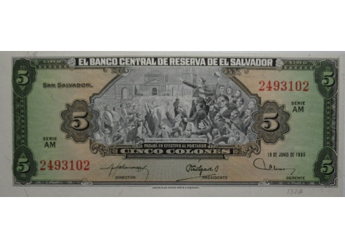 Банкнота Сальвадор 5 (пять) колон 1980 год. Pick 132A. UNC