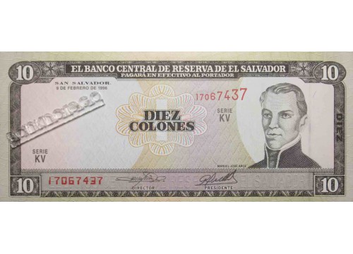 Банкнота Сальвадор 10 (десять) колон 1996 год. Pick 144a. UNC