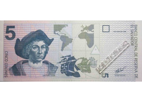 Банкнота Сальвадор 5 (пять) колон 1998 год. Серия BH. Pick 147a. UNC