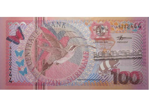 Банкнота Суринам 100 (сто) гульденов 2000 год. Брак печати. Pick 149. UNC