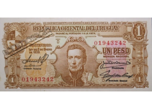 Банкнота Уругвай 1 (один) песо 1939 год. Pick 35c1. Серия D. UNC