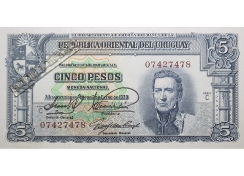 Банкнота Уругвай 5 (пять) песо 1939 год. Pick 36b1. Серия C. UNC