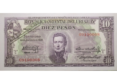 Банкнота Уругвай 10 (десять) песо 1939 год. Pick 37c1. UNC