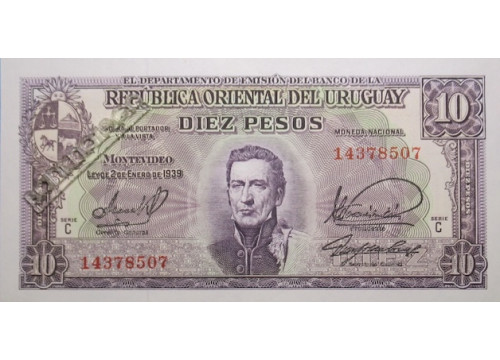 Банкнота Уругвай 10 (десять) песо 1939 год. Pick 37c3. UNC